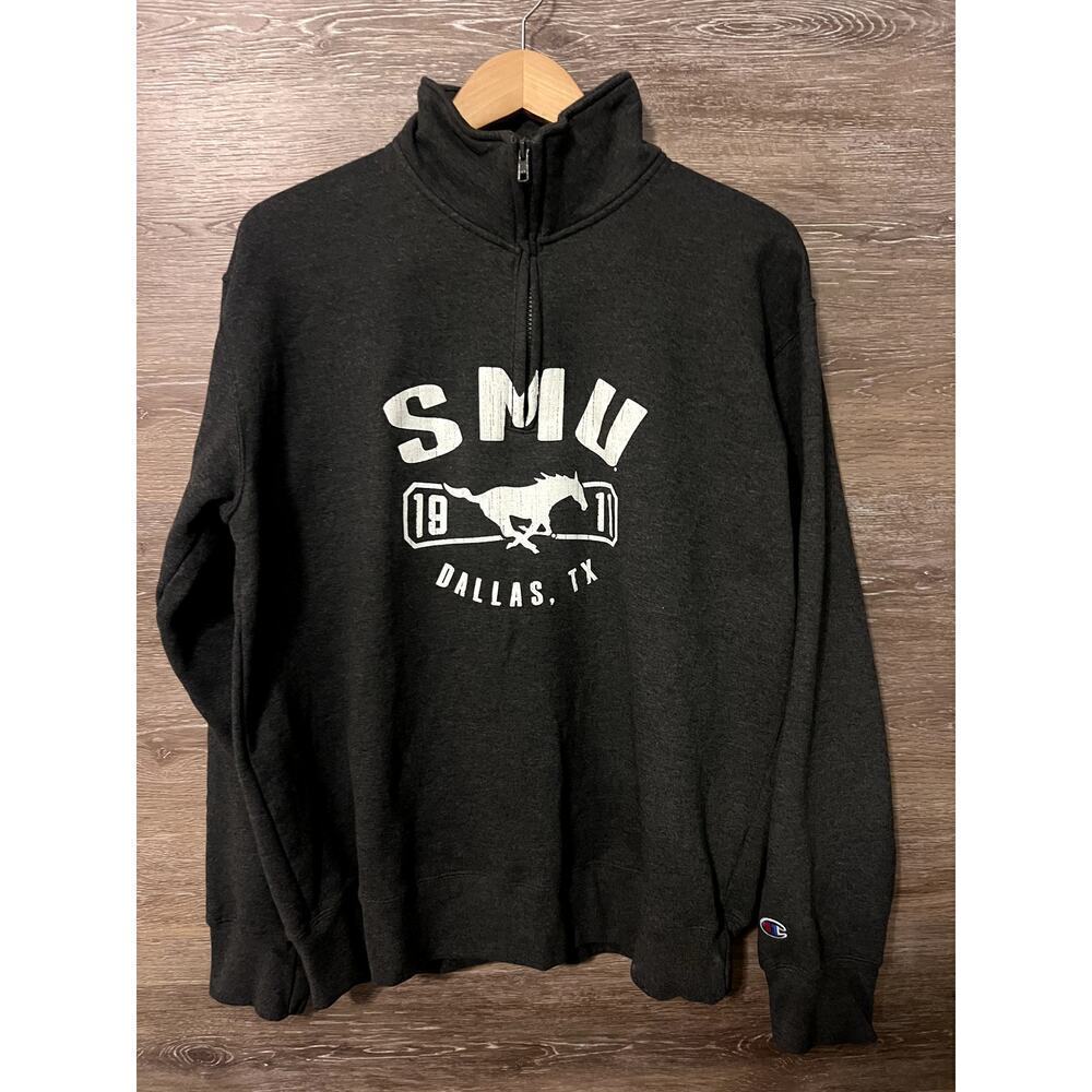 SMU Sweater Pullover Gray size Large Champion Dallas Texas 1/4 zip